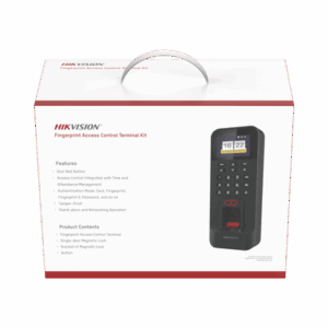 Kit de Control de Acceso TODO INCLUIDO con Lector de Huellas y Tarjetas / 3,000 Huellas / Compatible con App Hik-Connect / Incluye Electroimán  Botón de Salida y Montajes Z y L para imán (DS-K1T804)
