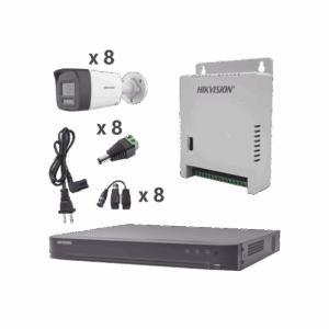 Kit Audio Bidireccional TurboHD 4K-3K / DVR 8 Canales 4K / 8 Cámaras Bala (Exterior) con Bocina y Microfóno Integrado 3K / 1 Fuentes de Poder / Accesorios