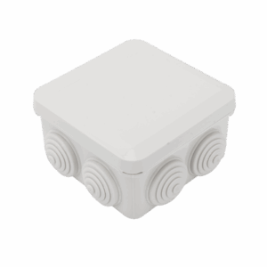 Caja Derivación-Conexión de Plástico (89 X 89 X 50 mm) con 7 Glándulas de Goma. Para Instalaciones Comerciales,  Residenciales e Industriales. Cerrado a Presión.